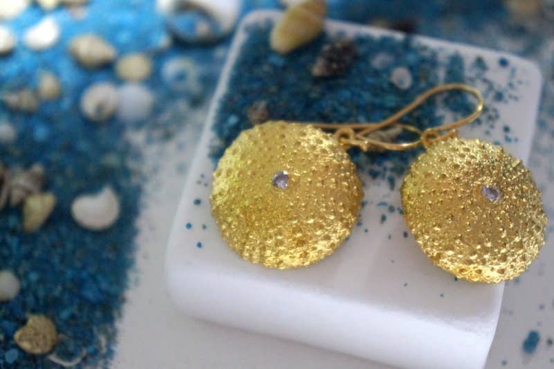 Earrings Gold Plated Silver Sea Urchin With Zircon Earrings