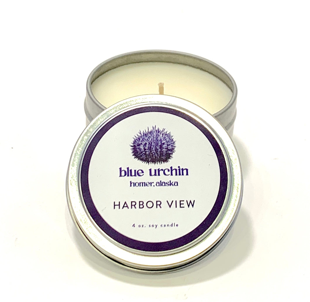 hand poured blue urchin harbor view candle